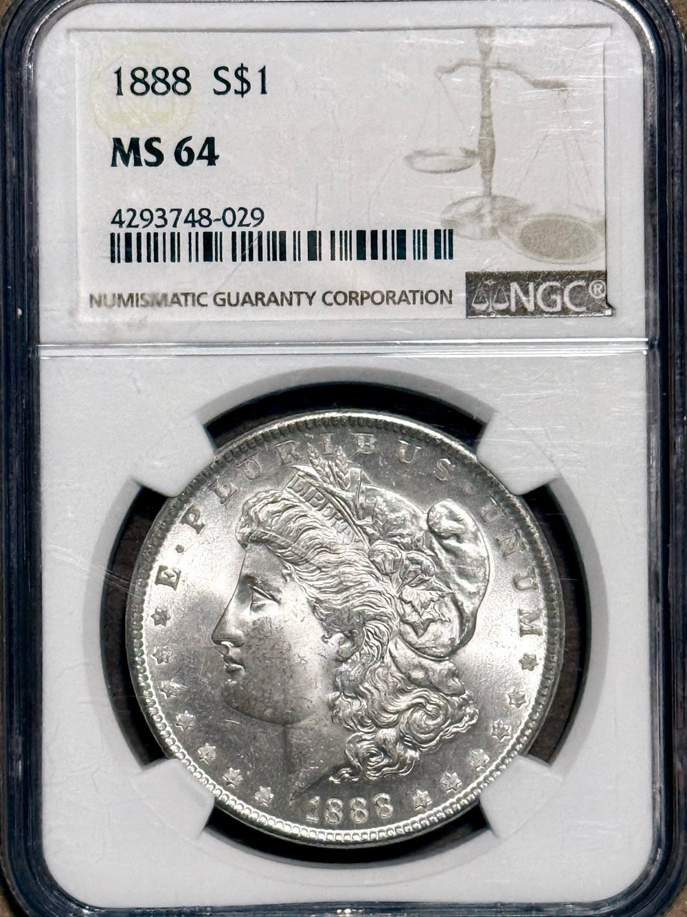 1888 Morgan Silver Dollar • Graded NGC MS64, Error Label: Typo